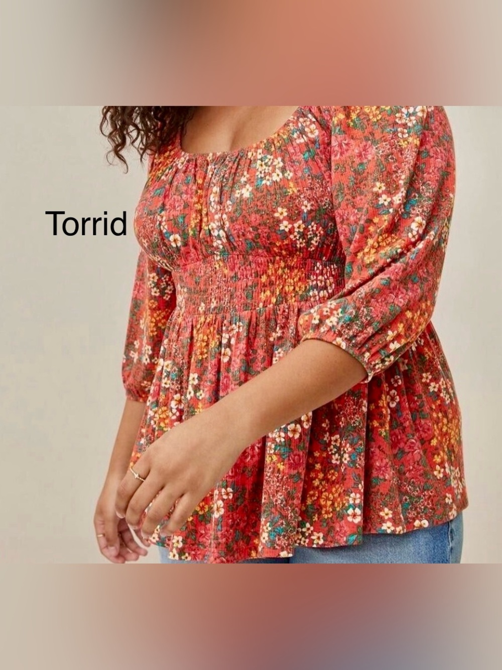287 TORRID Orange Floral Smocked Peasant Top